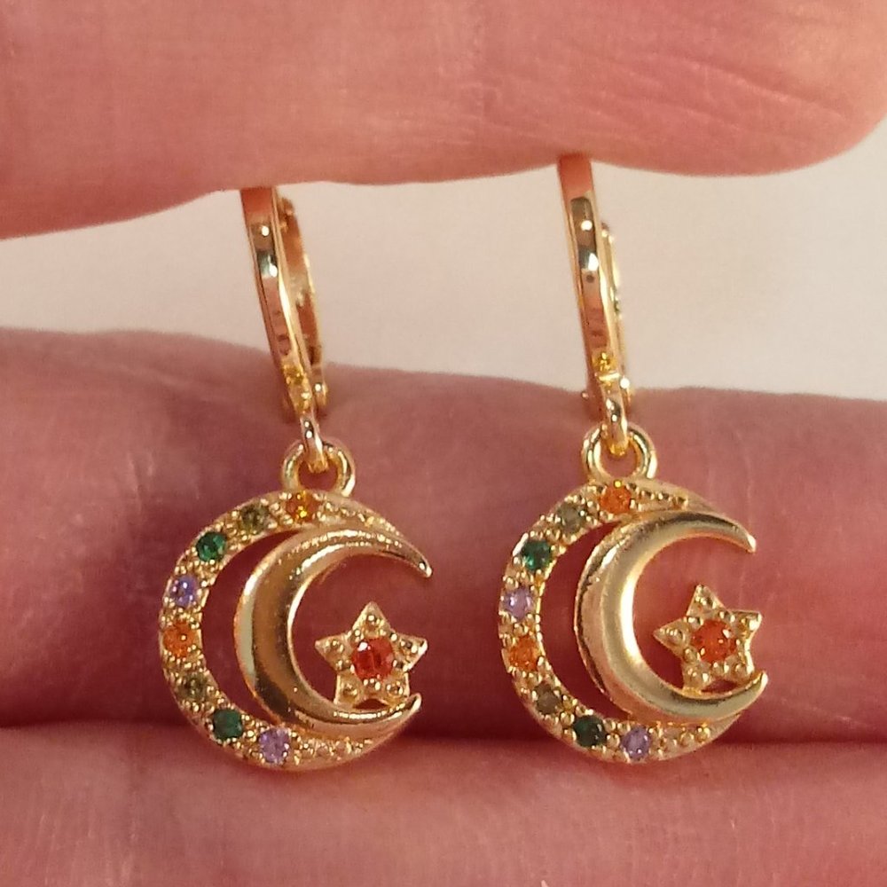 18K Yellow Gold Filled Layer Crescent Moon Star Diamond Zircon Dangle Earrings